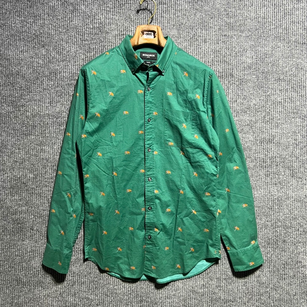 Bonobos Button Down Mens M Green Bear Embroidered Slim Fit Long Sleeve Shirt